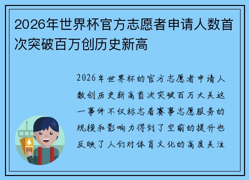 2026年世界杯官方志愿者申请人数首次突破百万创历史新高 2026年世界杯官方志愿者申请人数首次突破百万创历史新高